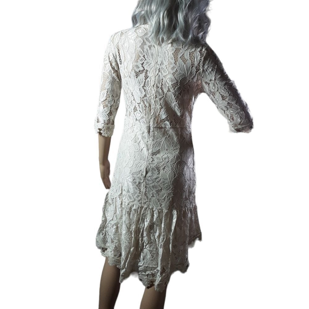 T&J DESIGNS Dress High Low Cream Lace Lined Asymmetrical 36" Bust - Picture 7 of 9